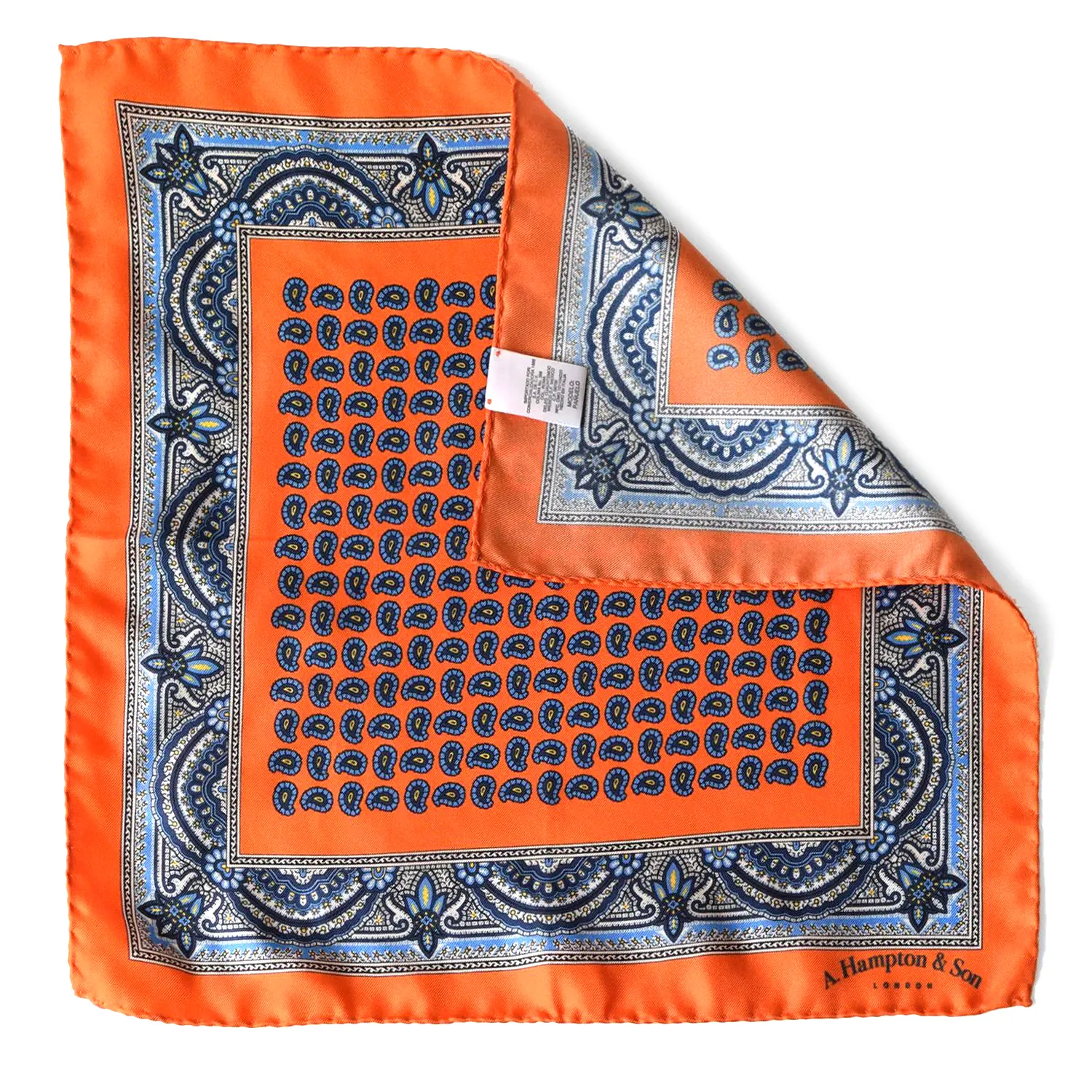 Hampton-and-son-london-pocket-square-paisley-orange-and-blue-pattern-corner