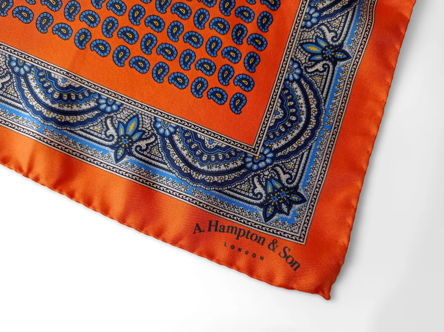 Hampton and son london pocket square paisley orange and blue pattern-detail