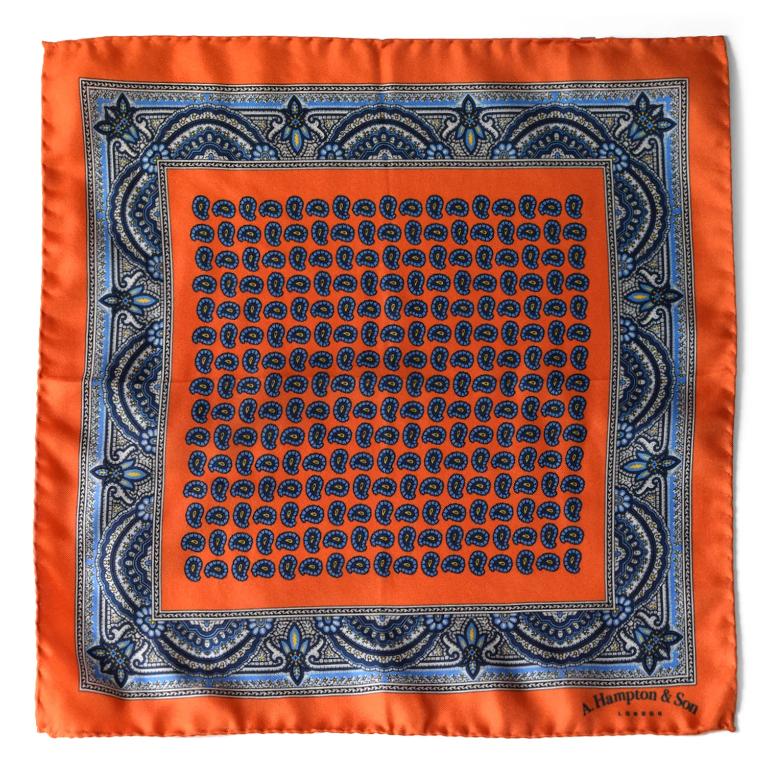 Hampton-and-son-london-pocket-square-paisley-orange-and-blue-pattern-flat