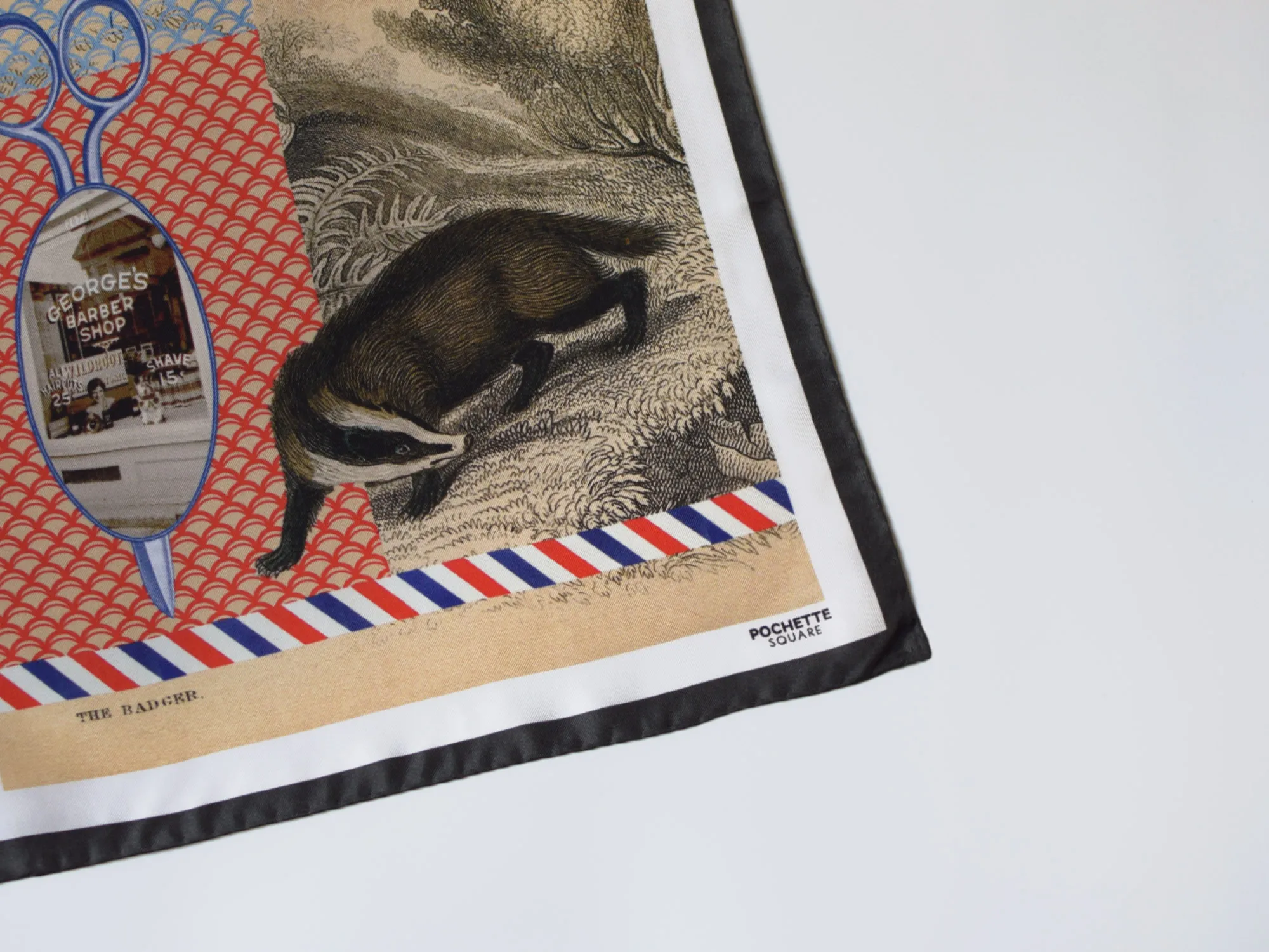 Pochette square badger barber themed pocket square detail