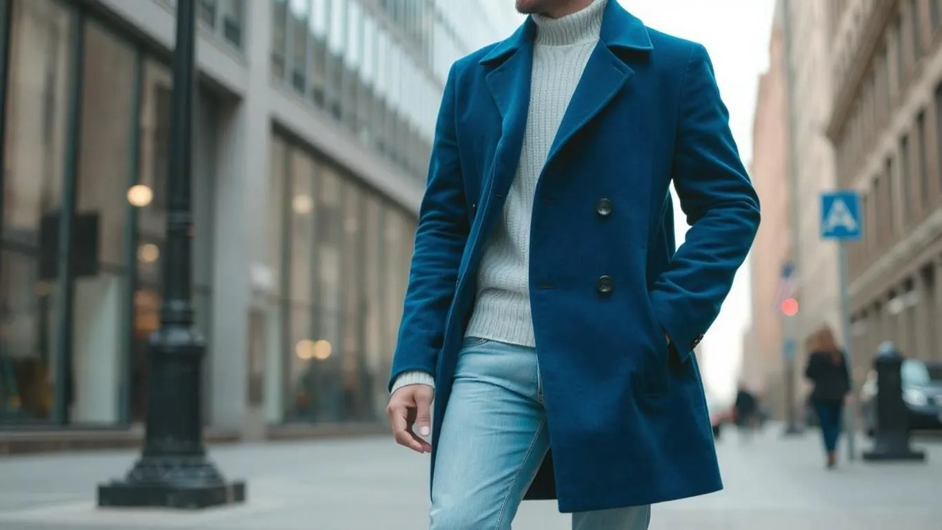 homme portant un caban bleu roi