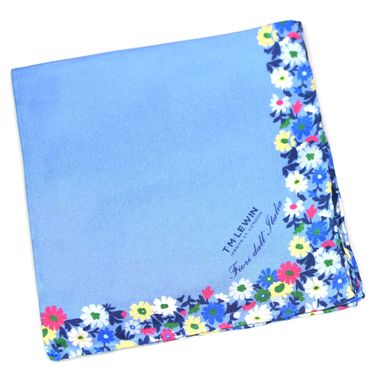 pochette soie florale charles thyrwitt bleue-pliee