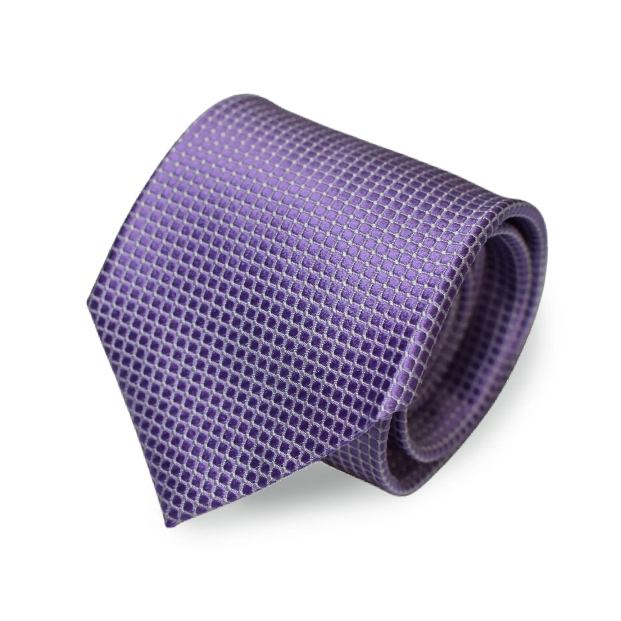 Cravate en soie a tissage de micro-carrés mauves-roulee
