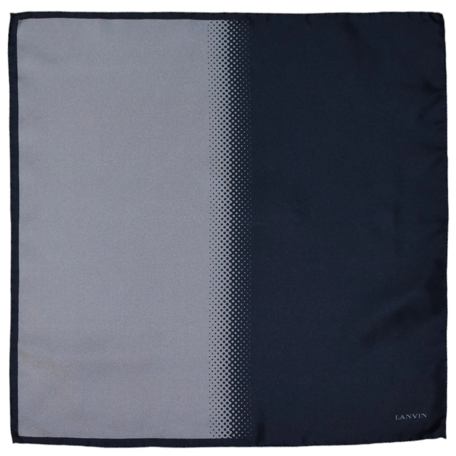 Pochette Lanvin vue à plat avec deux panneaux verticaux gris et pois en dégradé.