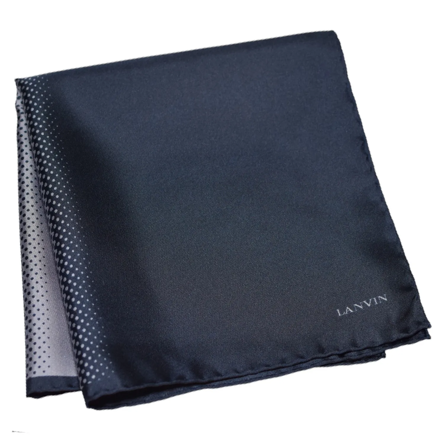 Pochette Lanvin en soie gris foncé et gris clair pliée avec liseré fin.