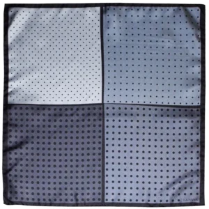 Pochette Lanvin en soie à motifs pois noirs, divisée en quatre panneaux de gris dégradés.