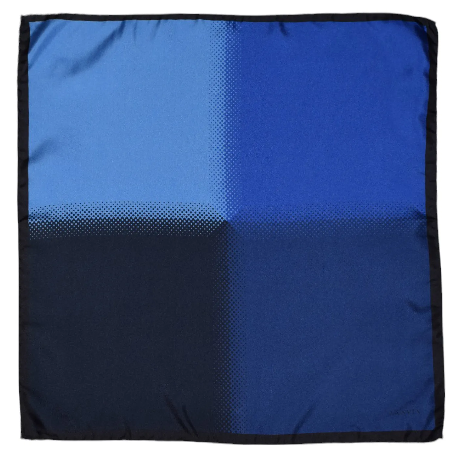 Pochette Lanvin en soie à quatre panneaux dégradés bleu marine, vue à plat.