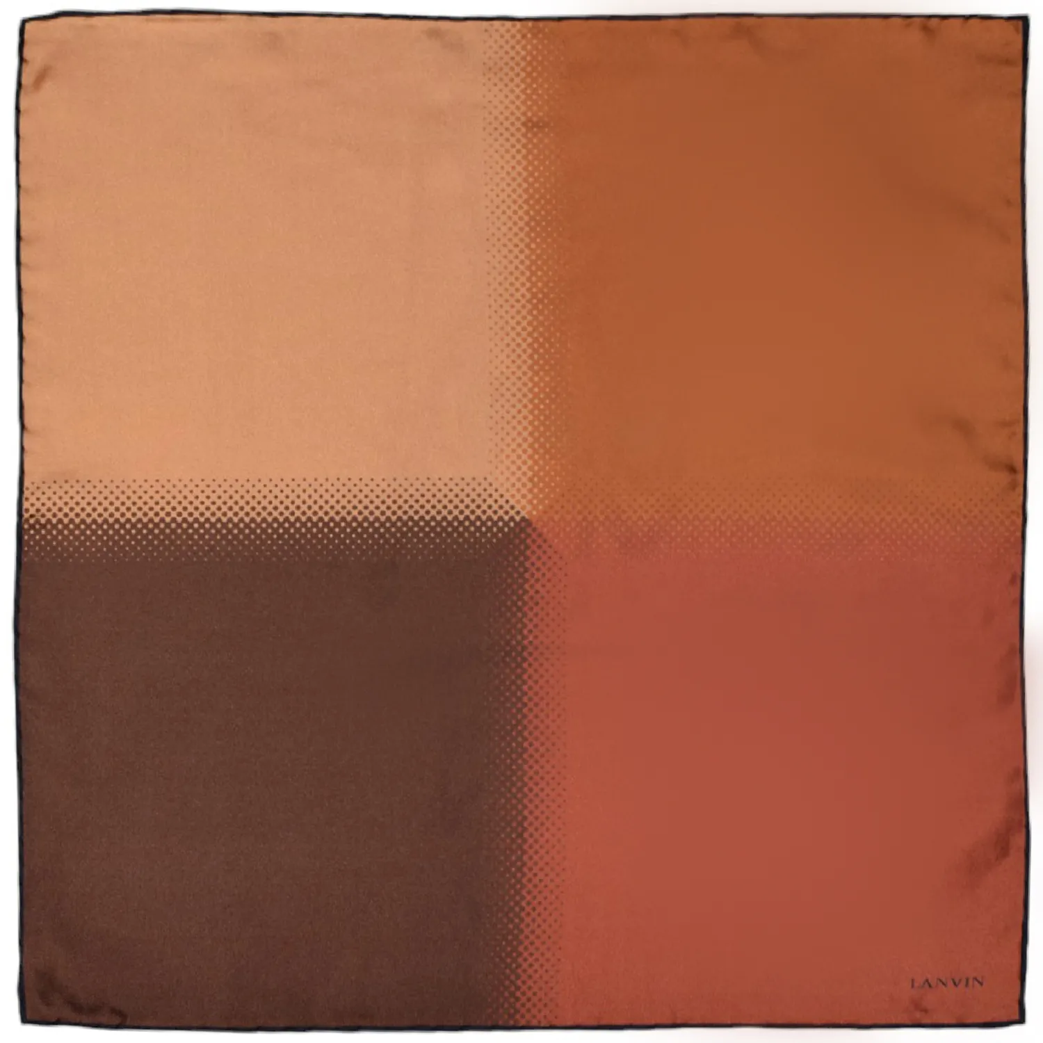 Pochette Lanvin en soie avec quatre panneaux dégradés brun, orange, brique et beige sable, vue à plat.