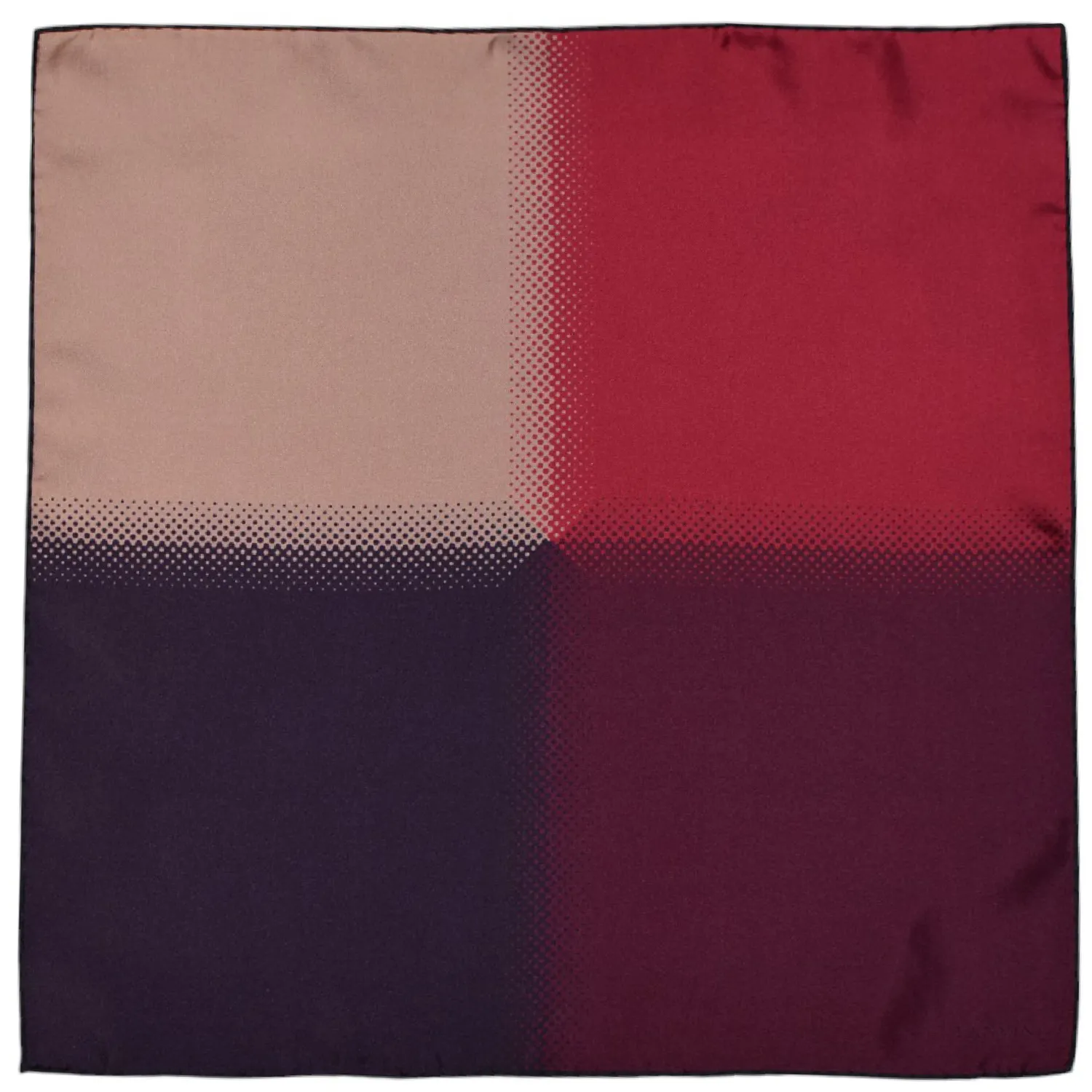 Pochette Lanvin en soie à quatre panneaux dans des tons rouges, beiges et violets, vue à plat.