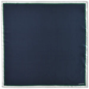 Pochette Lanvin bleu marine à liseré vert sapin et bord gris perle, vue à plat.