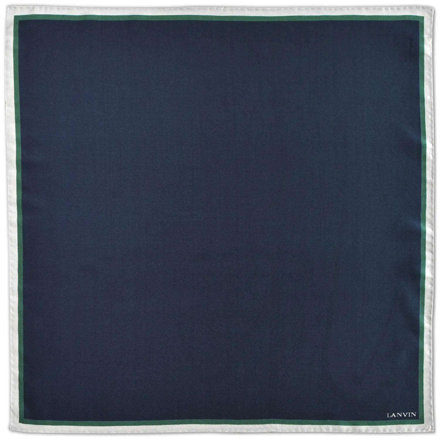 Pochette Lanvin bleu marine à liseré vert sapin et bord gris perle, vue à plat.