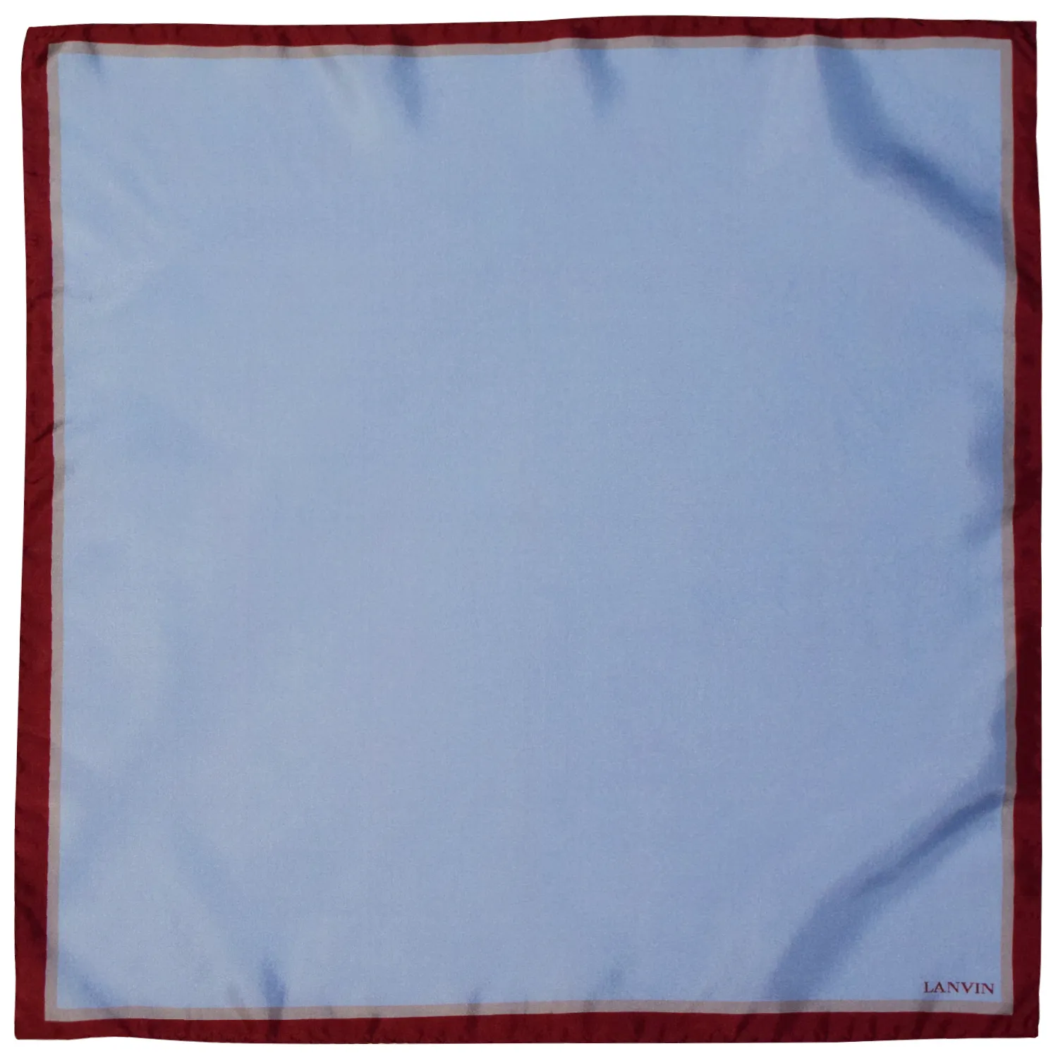 Pochette Lanvin en soie bleu ciel avec double liseré gris et bordeaux, vue à plat.