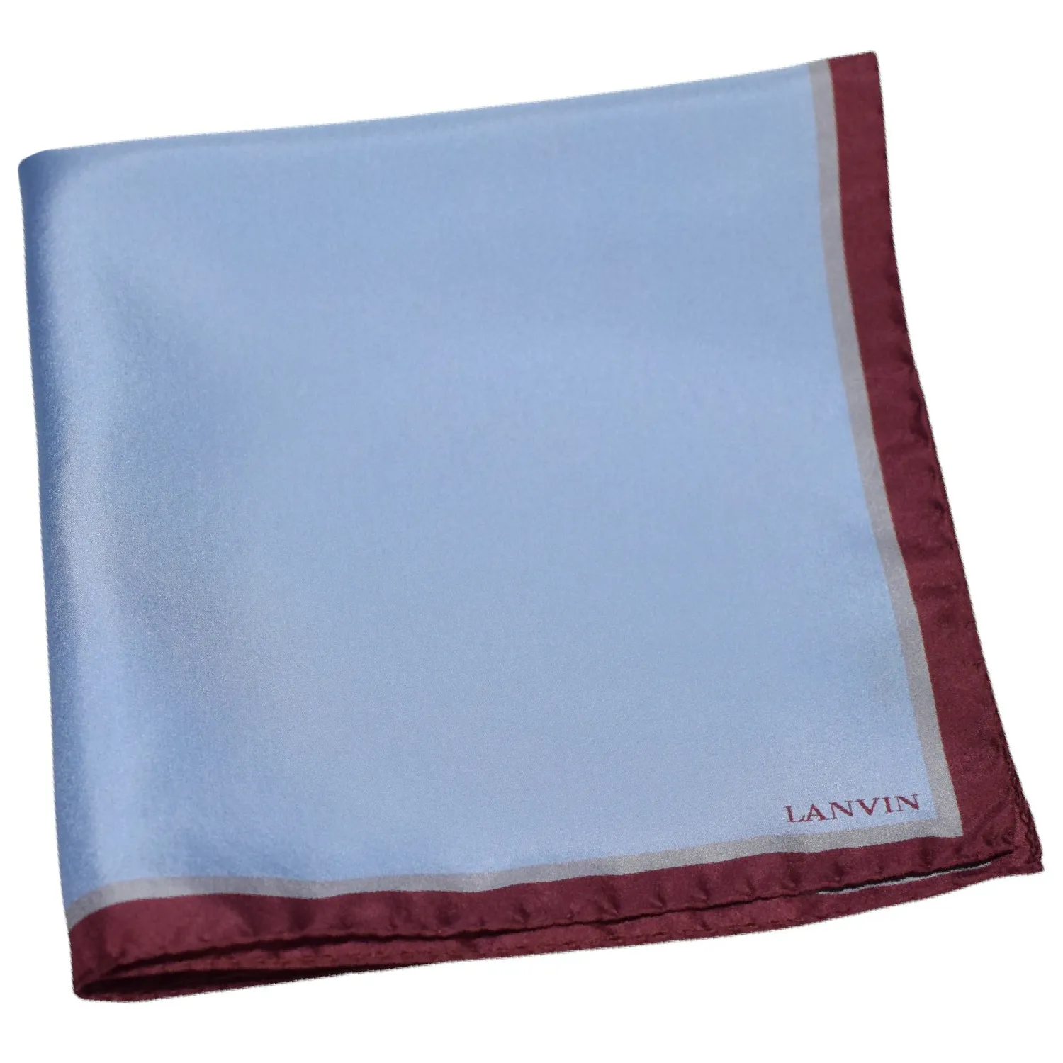 Pochette Lanvin pliée, bleu ciel avec bordure bordeaux et grise.