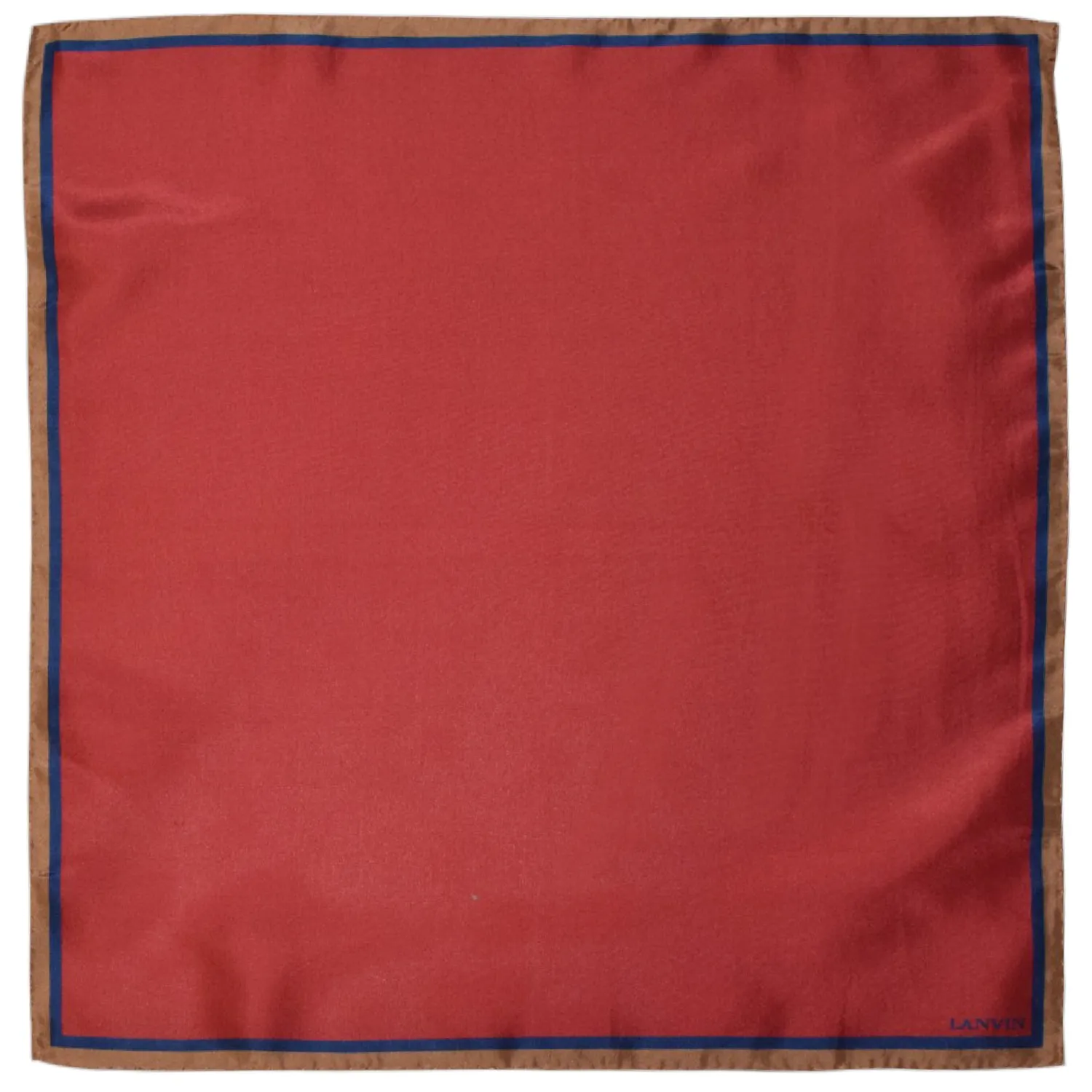 Pochette Lanvin rouge à plat, encadrement bleu et marron, logo discret.