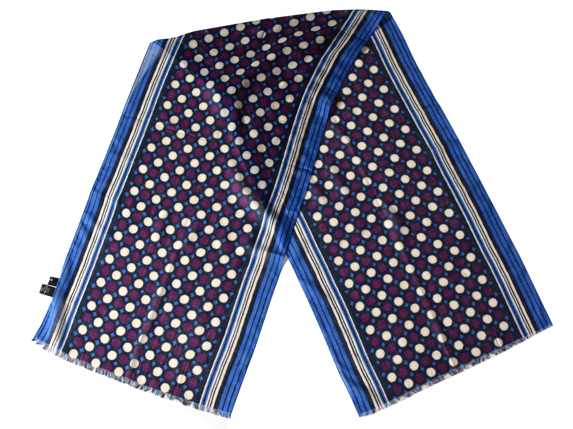 Foulard Hugo Boss en lin à plat, 154×24 cm, motif à pois blanc/lilas/violet avec bordures rayées.