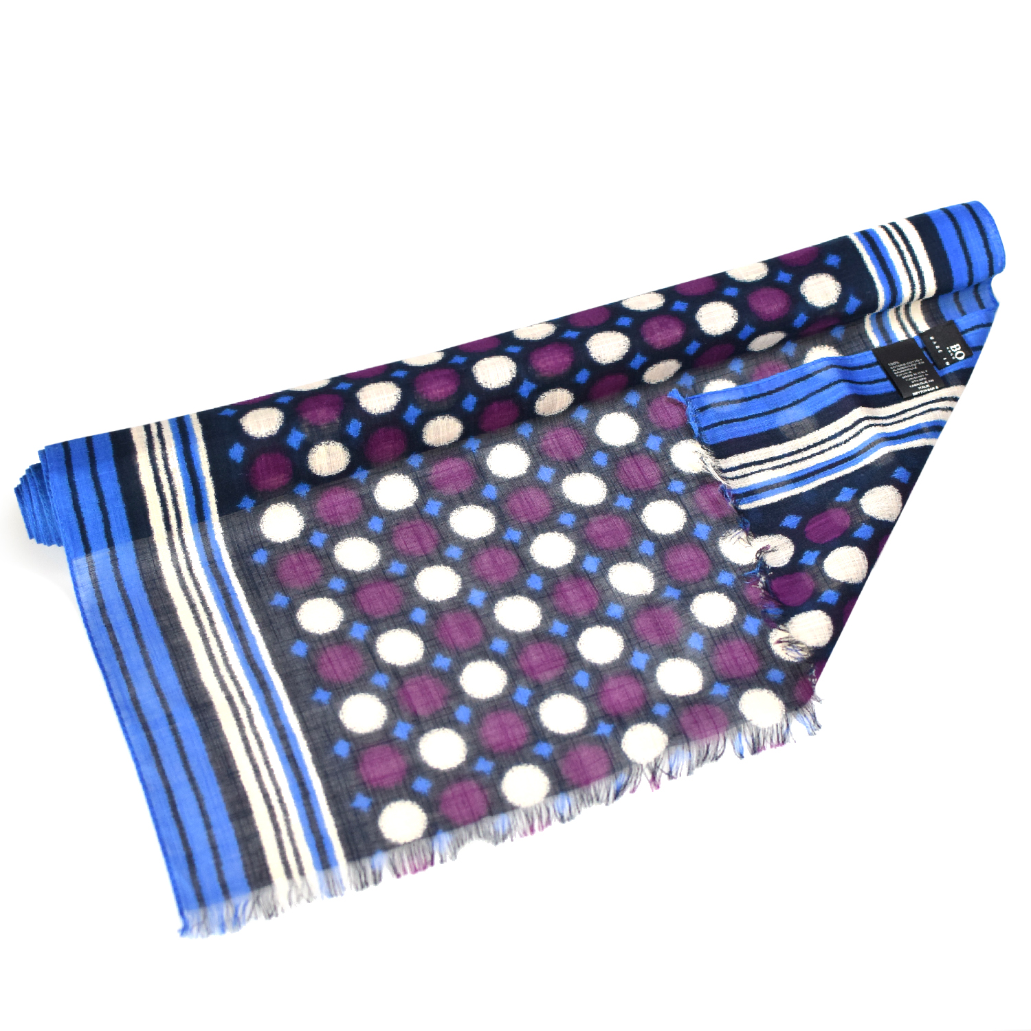 Foulard Hugo Boss 100% lin roulé, 154×24 cm, tissage mat, pois blanc-lilas-violet, fabrication italienne.