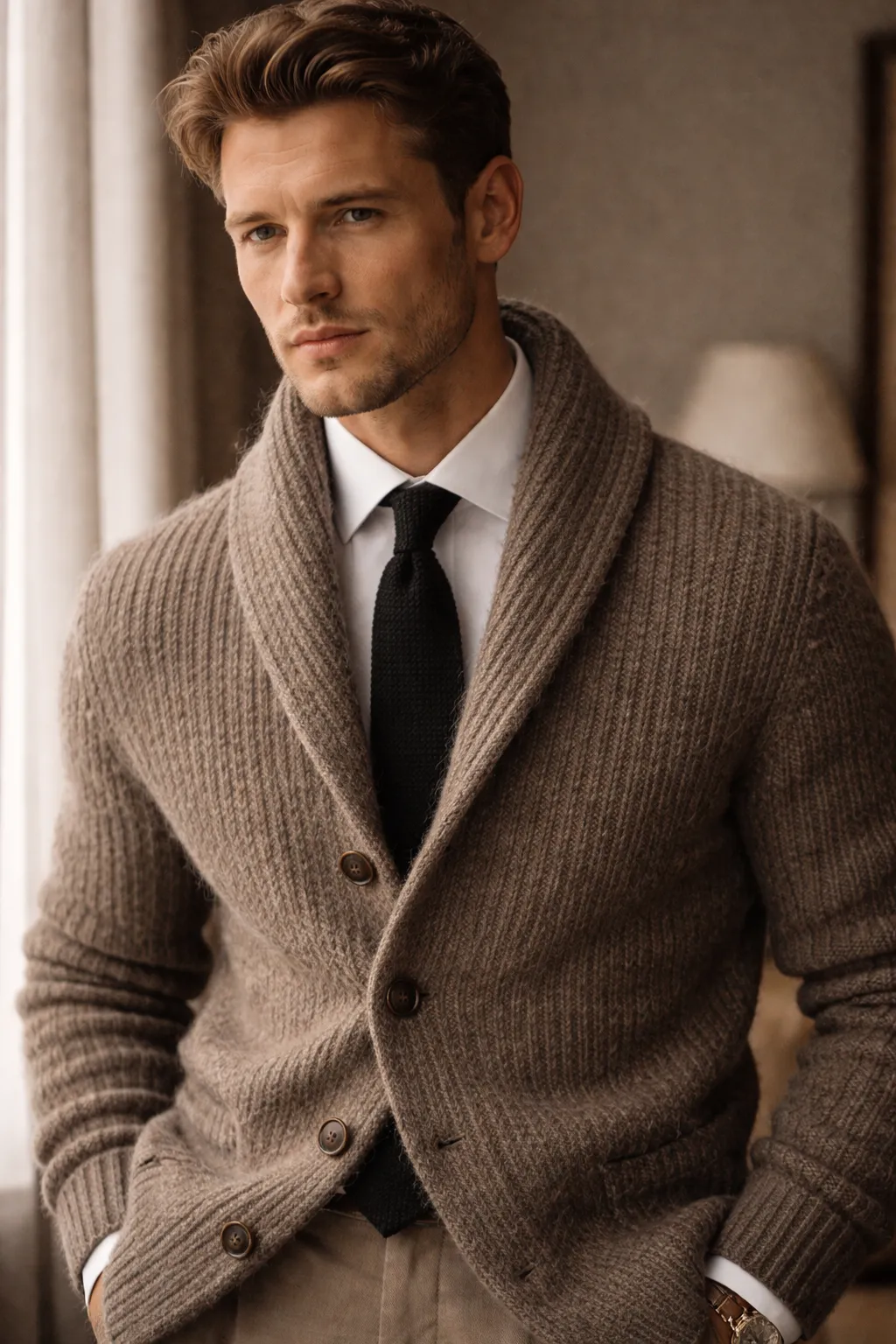 homme portant une cravate et un cardigan old money